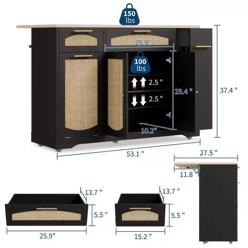 Îlot de cuisine moderne sur roulettes, desserte de cuisine multifonctionnelle avec rangement pour poubelle, 2 tiroirs, étagère à épices, abattant pour cuisine
