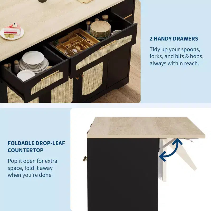 Îlot de cuisine moderne sur roulettes, desserte de cuisine multifonctionnelle avec rangement pour poubelle, 2 tiroirs, étagère à épices, abattant pour cuisine