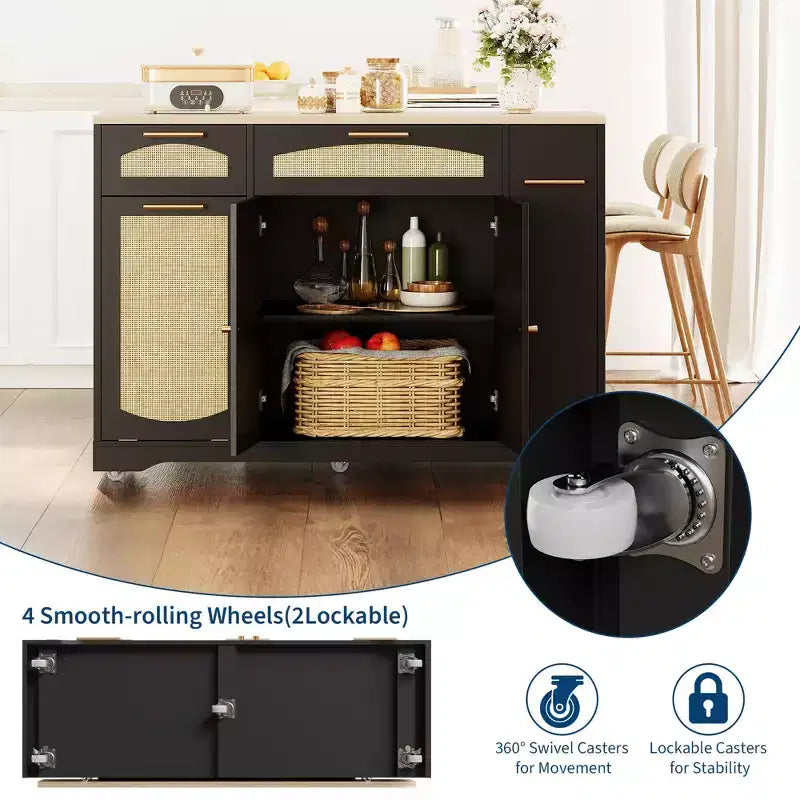 Îlot de cuisine moderne sur roulettes, desserte de cuisine multifonctionnelle avec rangement pour poubelle, 2 tiroirs, étagère à épices, abattant pour cuisine
