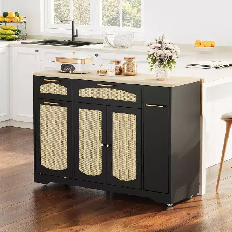 Îlot de cuisine moderne sur roulettes, desserte de cuisine multifonctionnelle avec rangement pour poubelle, 2 tiroirs, étagère à épices, abattant pour cuisine