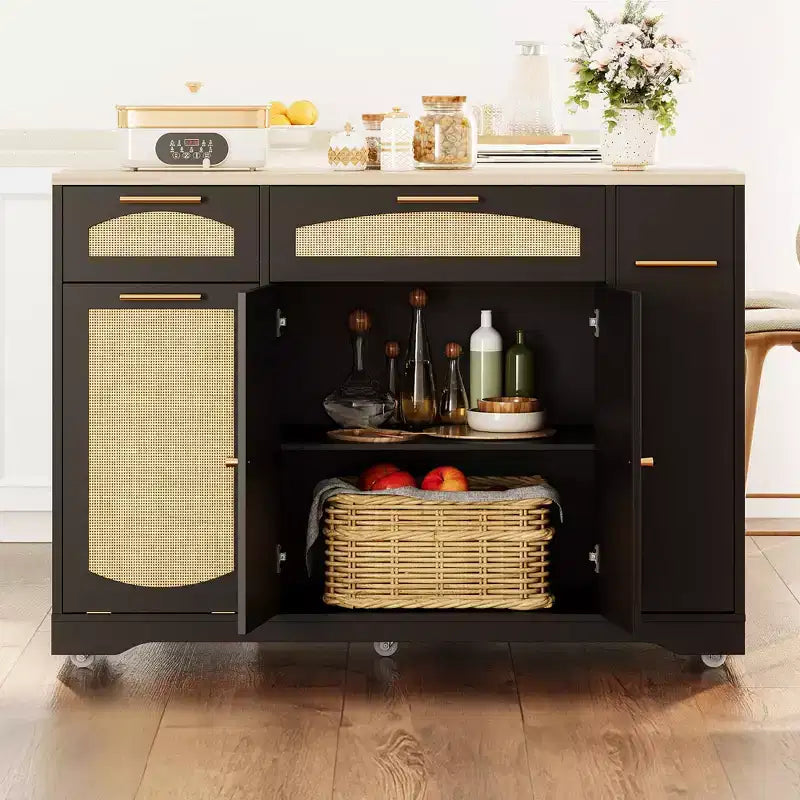 Îlot de cuisine moderne sur roulettes, desserte de cuisine multifonctionnelle avec rangement pour poubelle, 2 tiroirs, étagère à épices, abattant pour cuisine