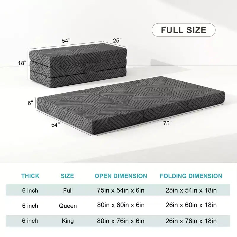 Matelas en mousse à mémoire de forme pliable en trois de 15 cm – Graphite, canapé-lit de sol portable avec housse lavable et sac de rangement
