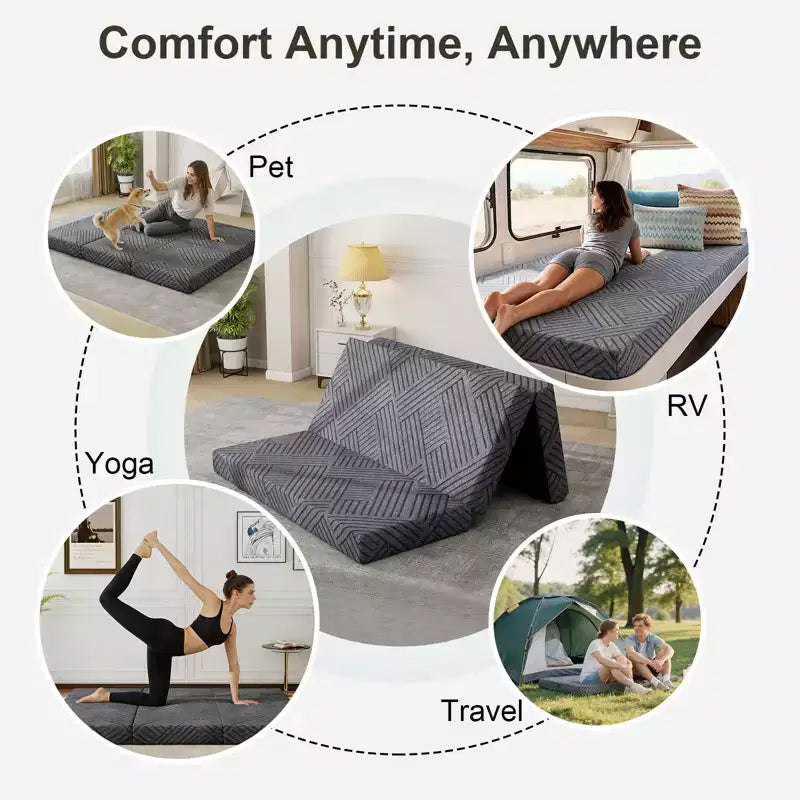 Matelas en mousse à mémoire de forme pliable en trois de 15 cm – Graphite, canapé-lit de sol portable avec housse lavable et sac de rangement