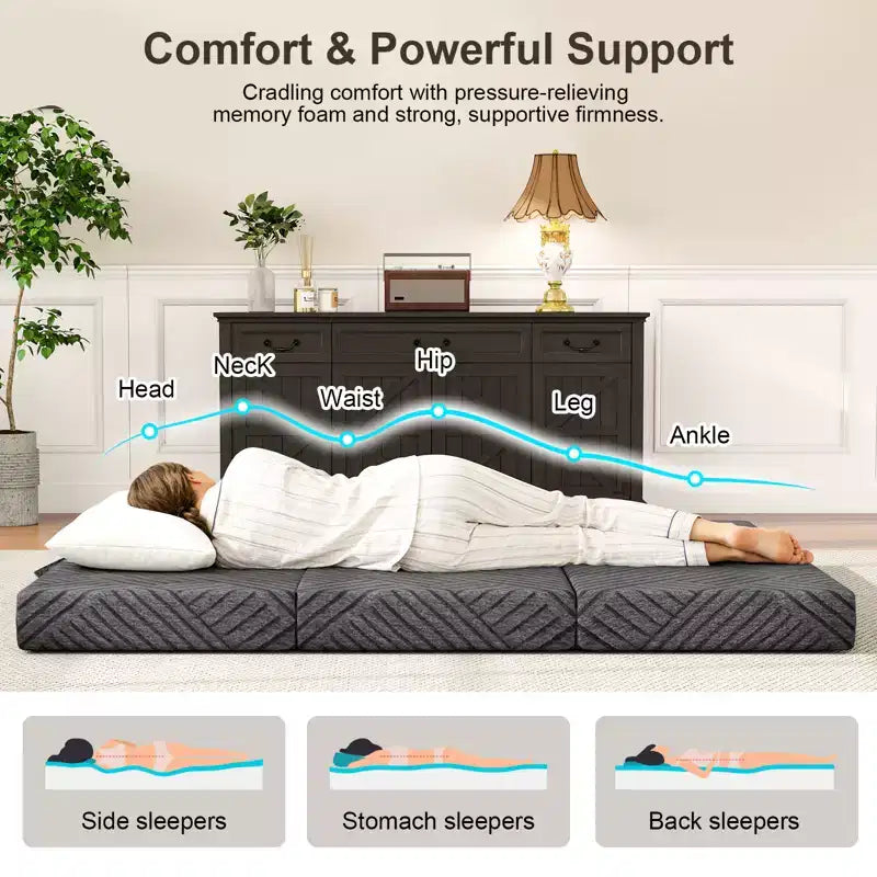Matelas en mousse à mémoire de forme pliable en trois de 15 cm – Graphite, canapé-lit de sol portable avec housse lavable et sac de rangement