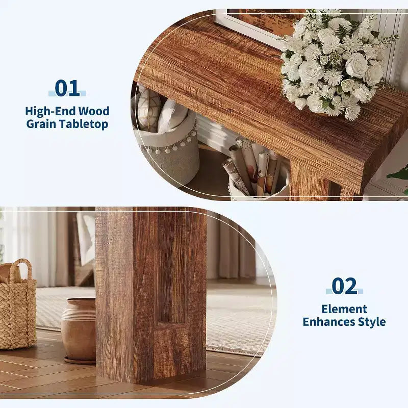 Console rectangulaire étroite de 160 cm, Table d'entrée en bois de style ferme pour couloir, hall d'entrée et salon, Table basse derrière le canapé