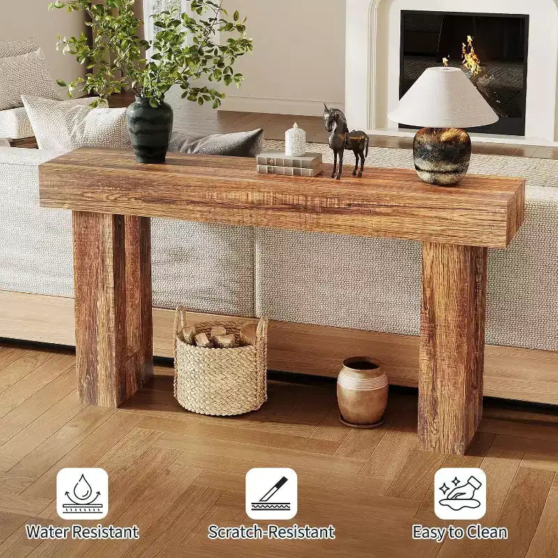 Console rectangulaire étroite de 160 cm, Table d'entrée en bois de style ferme pour couloir, hall d'entrée et salon, Table basse derrière le canapé