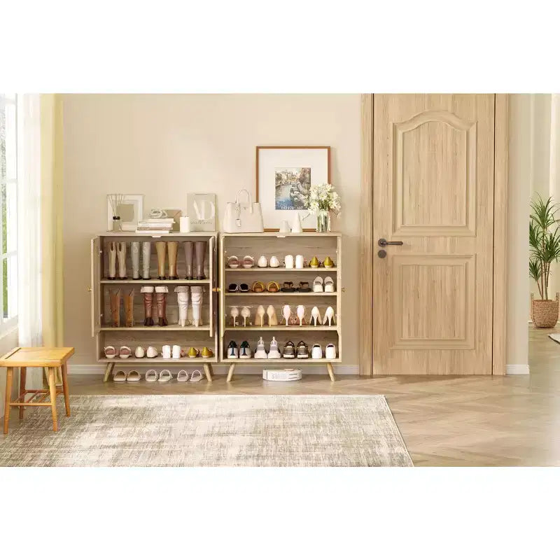Meuble à chaussures 4 niveaux, rangement en bois avec étagères réglables et portes en rotin, meuble étroit en chêne pour couloir et salon