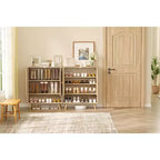 Meuble à chaussures 4 niveaux, rangement en bois avec étagères réglables et portes en rotin, meuble étroit en chêne pour couloir et salon