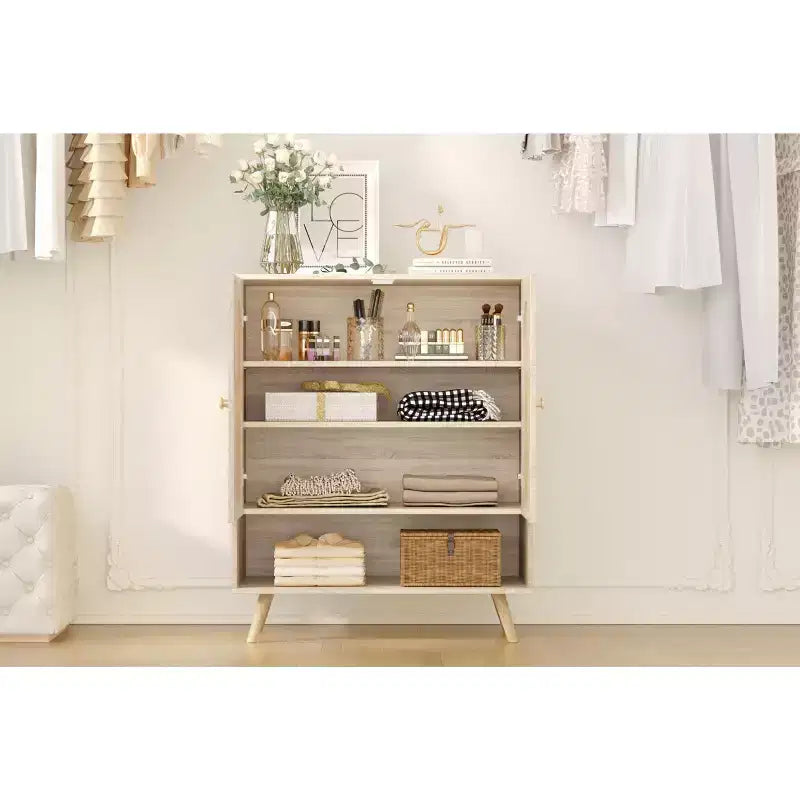 Meuble à chaussures 4 niveaux, rangement en bois avec étagères réglables et portes en rotin, meuble étroit en chêne pour couloir et salon