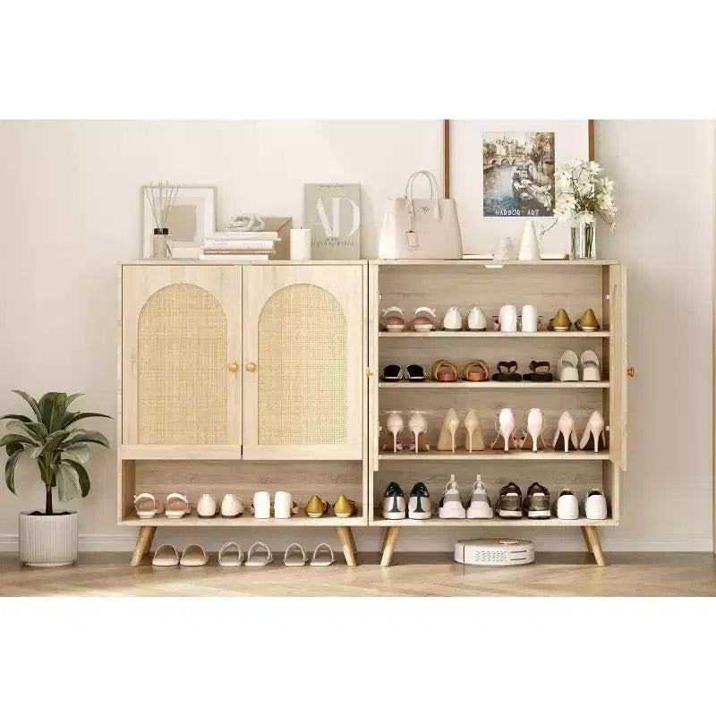 Meuble à chaussures 4 niveaux, rangement en bois avec étagères réglables et portes en rotin, meuble étroit en chêne pour couloir et salon