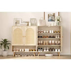 Meuble à chaussures 4 niveaux, rangement en bois avec étagères réglables et portes en rotin, meuble étroit en chêne pour couloir et salon