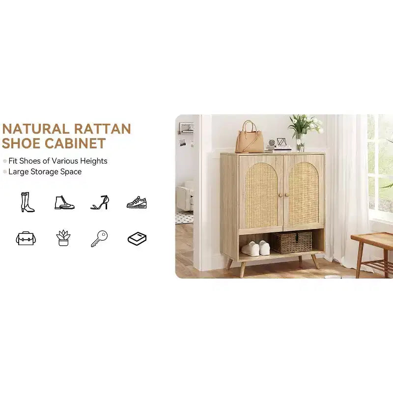 Meuble à chaussures 4 niveaux, rangement en bois avec étagères réglables et portes en rotin, meuble étroit en chêne pour couloir et salon