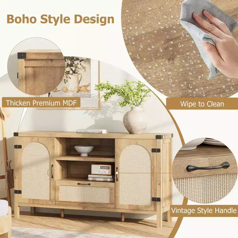 Buffet de Salle à Manger, Buffet de Ferme en Rotin de 150 cm avec Tiroir et Étagères Ouvertes, Rangement Bohème pour Salon et Salle à Manger