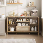 Buffet de Salle à Manger, Buffet de Ferme en Rotin de 150 cm avec Tiroir et Étagères Ouvertes, Rangement Bohème pour Salon et Salle à Manger