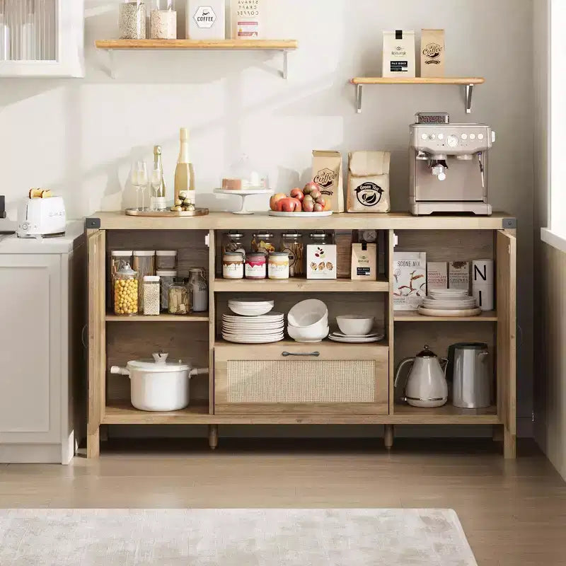 Buffet de Salle à Manger, Buffet de Ferme en Rotin de 150 cm avec Tiroir et Étagères Ouvertes, Rangement Bohème pour Salon et Salle à Manger