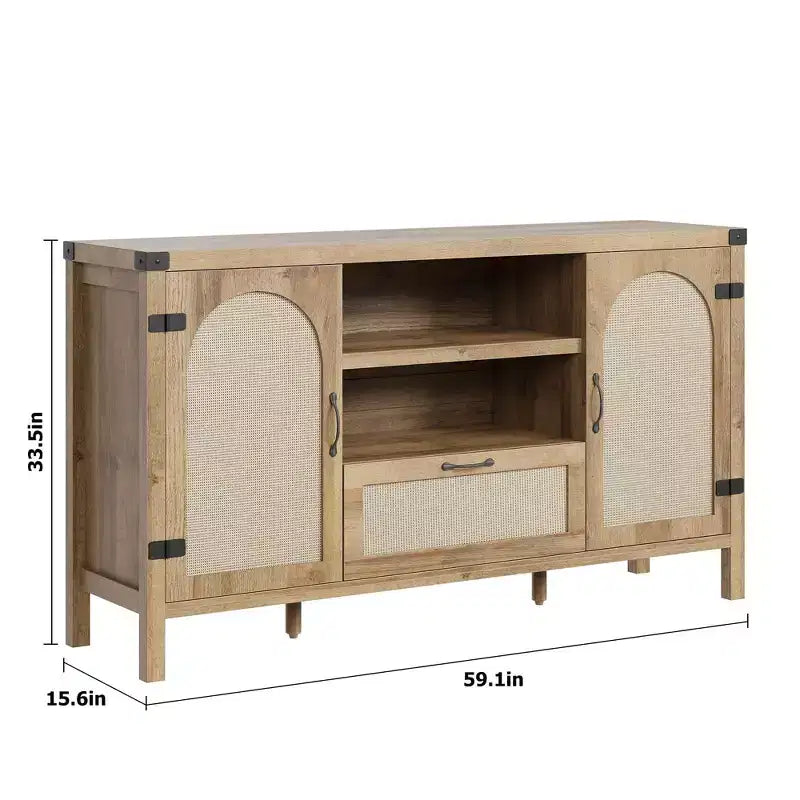 Buffet de Salle à Manger, Buffet de Ferme en Rotin de 150 cm avec Tiroir et Étagères Ouvertes, Rangement Bohème pour Salon et Salle à Manger