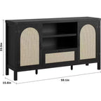 Buffet de Salle à Manger, Buffet de Ferme en Rotin de 150 cm avec Tiroir et Étagères Ouvertes, Rangement Bohème pour Salon et Salle à Manger