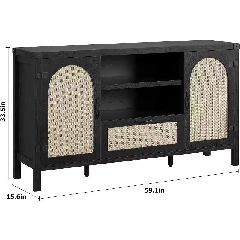 Buffet de Salle à Manger, Buffet de Ferme en Rotin de 150 cm avec Tiroir et Étagères Ouvertes, Rangement Bohème pour Salon et Salle à Manger