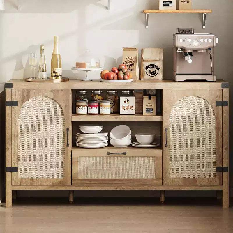 Buffet de Salle à Manger, Buffet de Ferme en Rotin de 150 cm avec Tiroir et Étagères Ouvertes, Rangement Bohème pour Salon et Salle à Manger