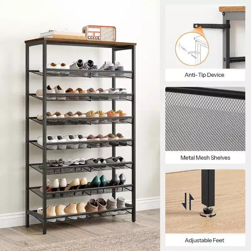 Étagère à Chaussures à 8 Niveaux – Peut contenir 21 à 24 paires, Design Rustique Marron et Noir, Gain de Place