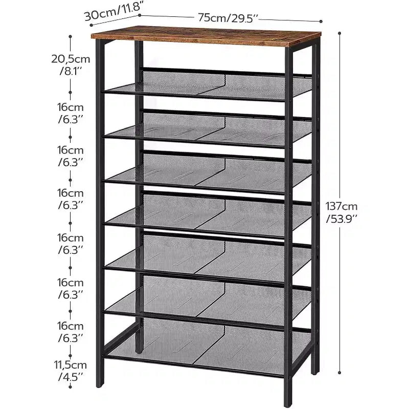 Étagère à Chaussures à 8 Niveaux – Peut contenir 21 à 24 paires, Design Rustique Marron et Noir, Gain de Place