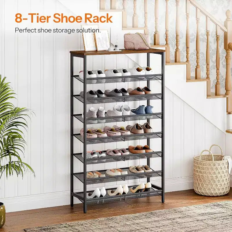 Étagère à Chaussures à 8 Niveaux – Peut contenir 21 à 24 paires, Design Rustique Marron et Noir, Gain de Place