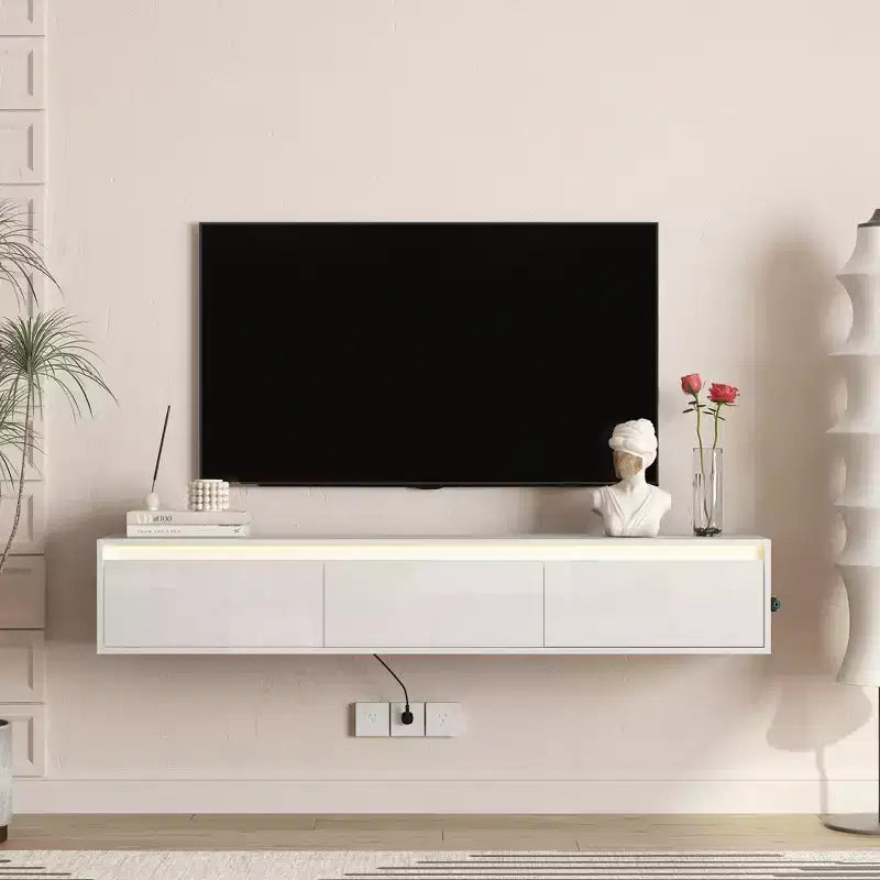 JVNOXK Floating TV Stand, Wall Mounted TV Shelf with Led Lights & Power Outlet,High Gloss TV Cabinet for White tv Stands for Living Room