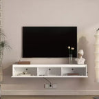Meuble TV mural flottant de 65 pouces avec lumières LED et prise de courant – Blanc brillant