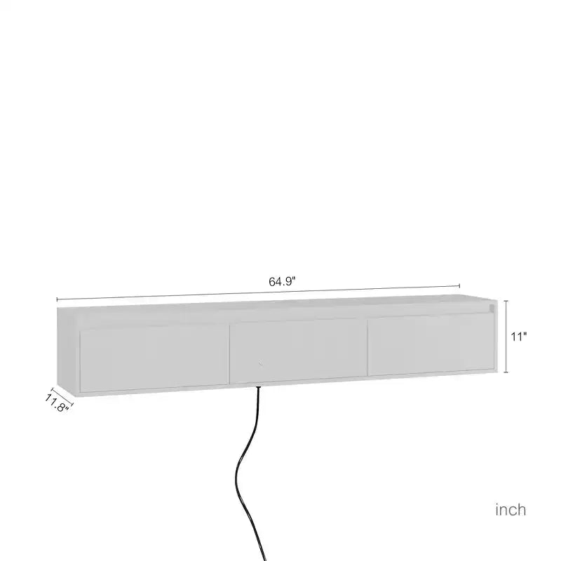 Meuble TV mural flottant de 65 pouces avec lumières LED et prise de courant – Blanc brillant
