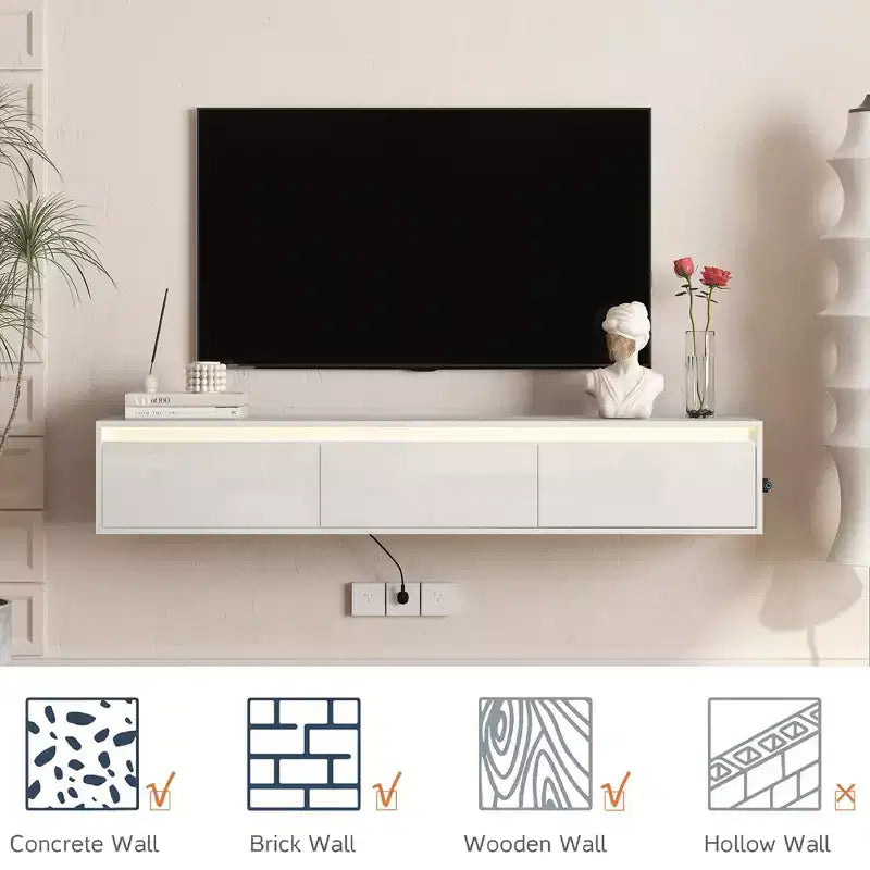 Meuble TV mural flottant de 65 pouces avec lumières LED et prise de courant – Blanc brillant
