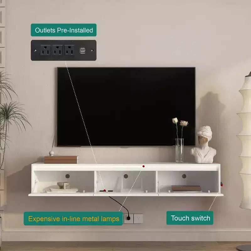 Meuble TV mural flottant de 65 pouces avec lumières LED et prise de courant – Blanc brillant