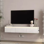 Meuble TV mural flottant de 65 pouces avec lumières LED et prise de courant – Blanc brillant