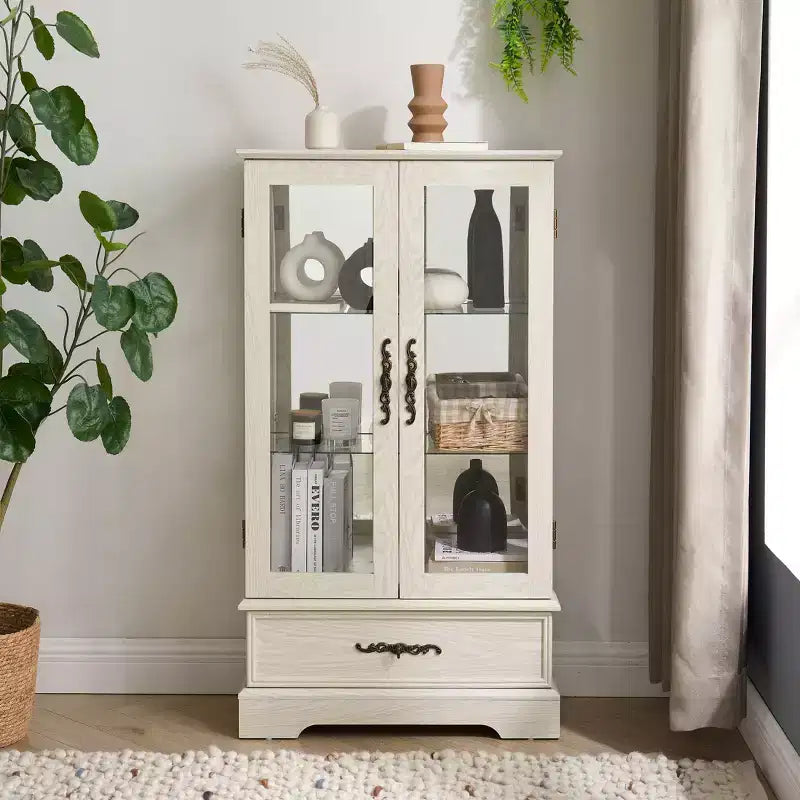 Vitrine en verre avec éclairage, étagères réglables et tiroir vintage pour la décoration intérieure