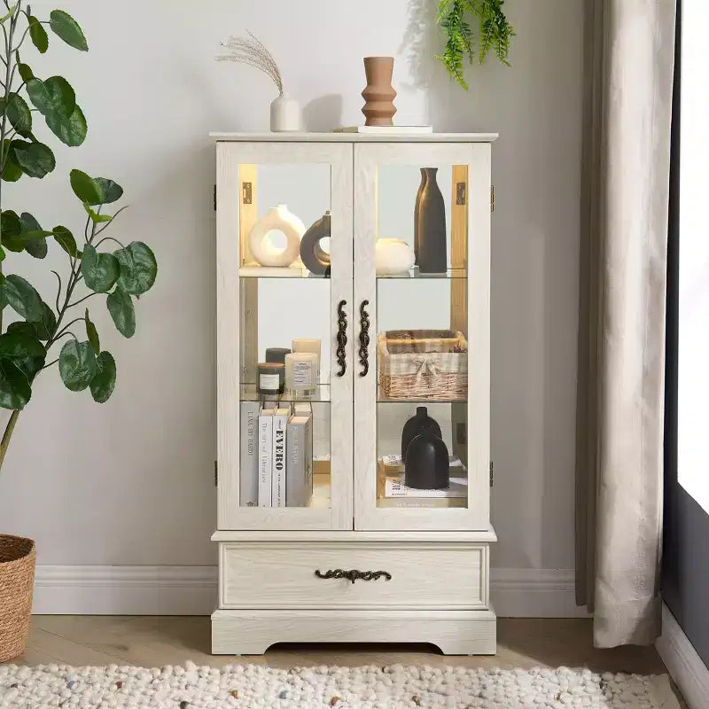 Vitrine en verre avec éclairage, étagères réglables et tiroir vintage pour la décoration intérieure