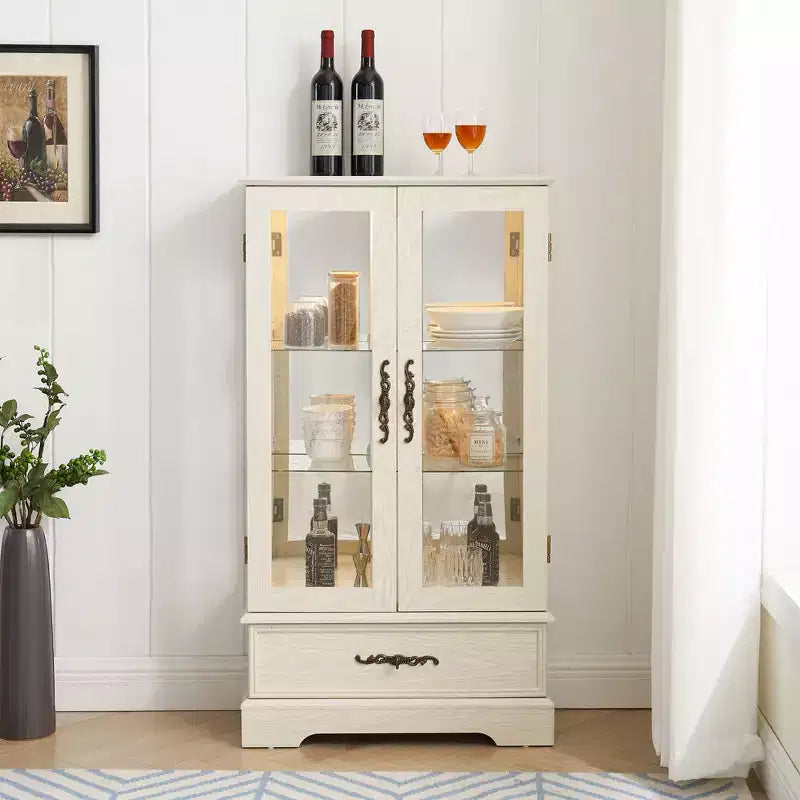 Vitrine en verre avec éclairage, étagères réglables et tiroir vintage pour la décoration intérieure