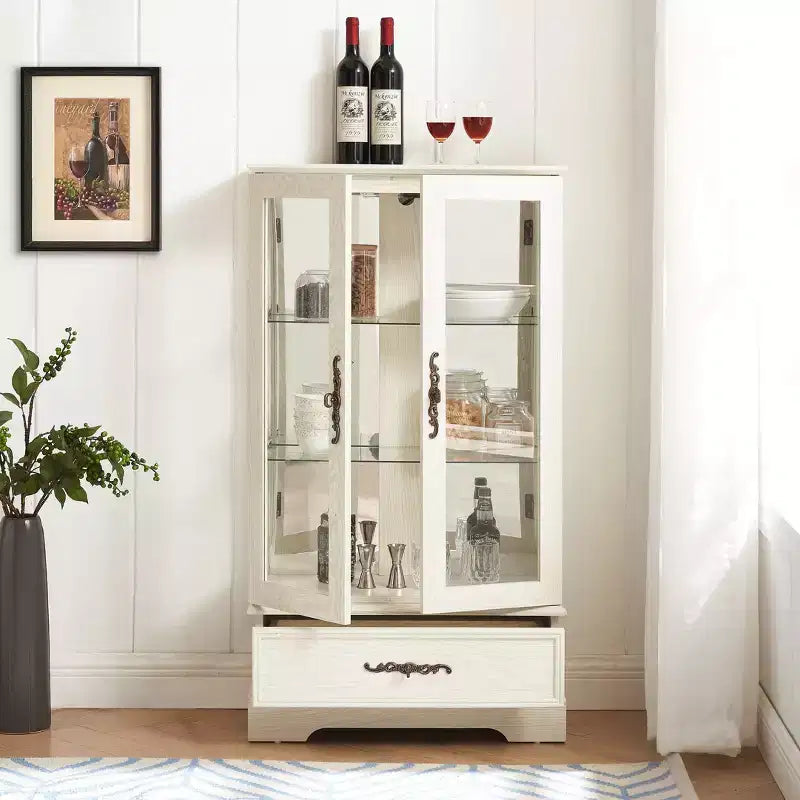 Vitrine en verre avec éclairage, étagères réglables et tiroir vintage pour la décoration intérieure