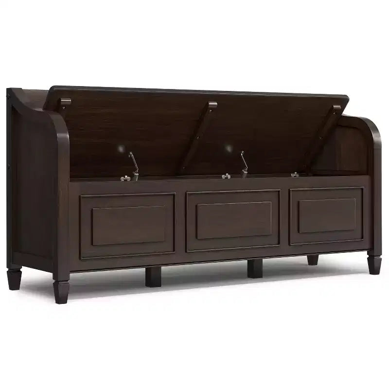 Banc de rangement traditionnel en bois massif de 56 po pour entrée – 3 compartiments, Châtaignier foncé
