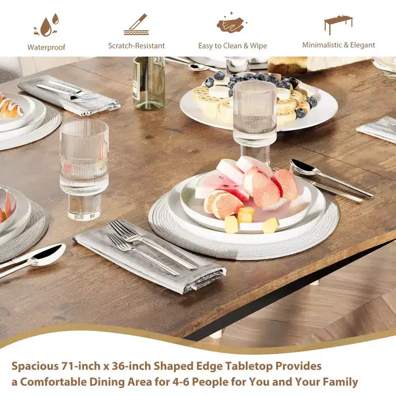 Table à manger 6-8 personnes, Table à bord irrégulier de style rustique vague avec plateau épais en MDF et cadre en métal, Imperméable et résistante aux rayures