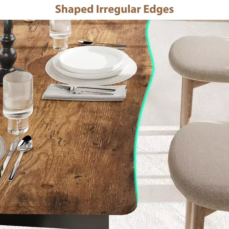 Table à manger 6-8 personnes, Table à bord irrégulier de style rustique vague avec plateau épais en MDF et cadre en métal, Imperméable et résistante aux rayures