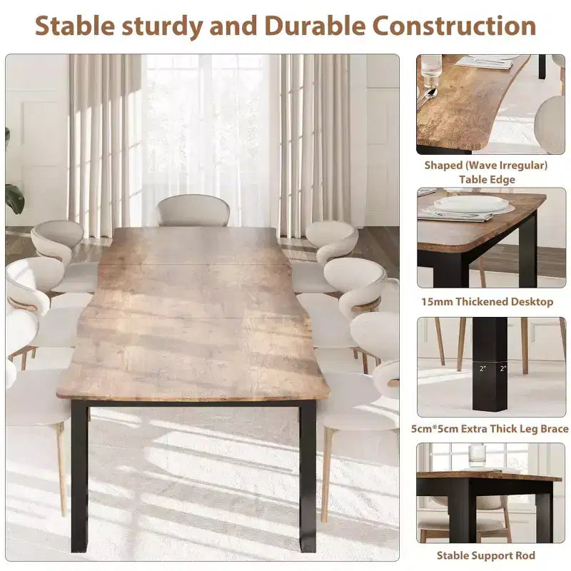 Table à manger 6-8 personnes, Table à bord irrégulier de style rustique vague avec plateau épais en MDF et cadre en métal, Imperméable et résistante aux rayures