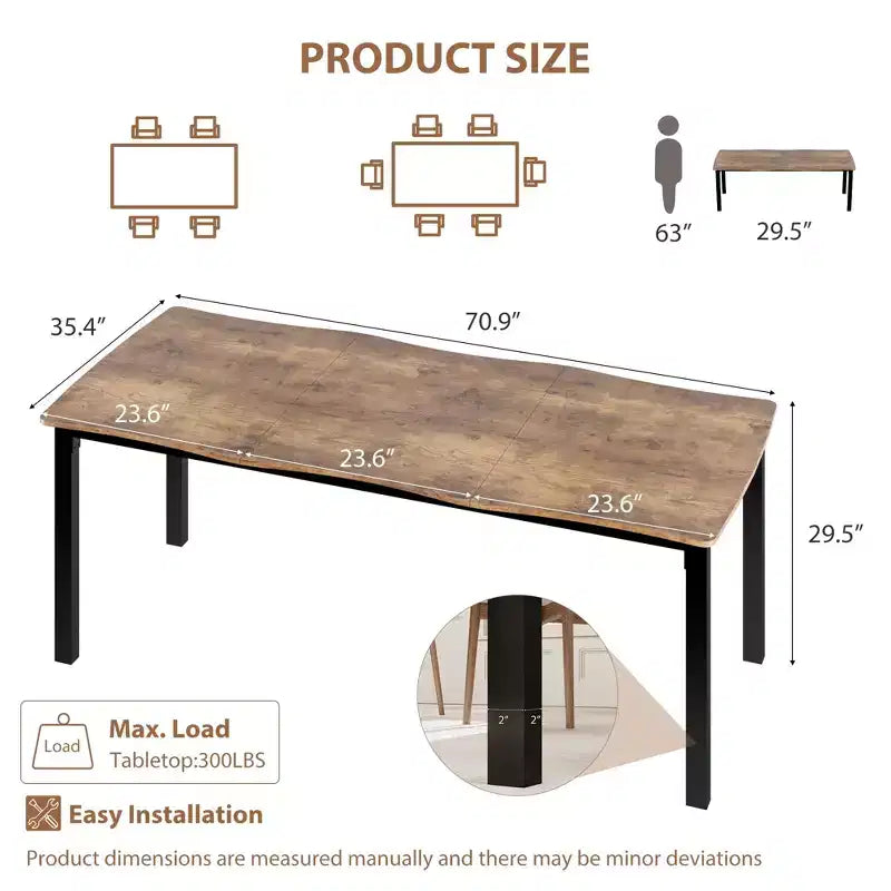 Table à manger 6-8 personnes, Table à bord irrégulier de style rustique vague avec plateau épais en MDF et cadre en métal, Imperméable et résistante aux rayures