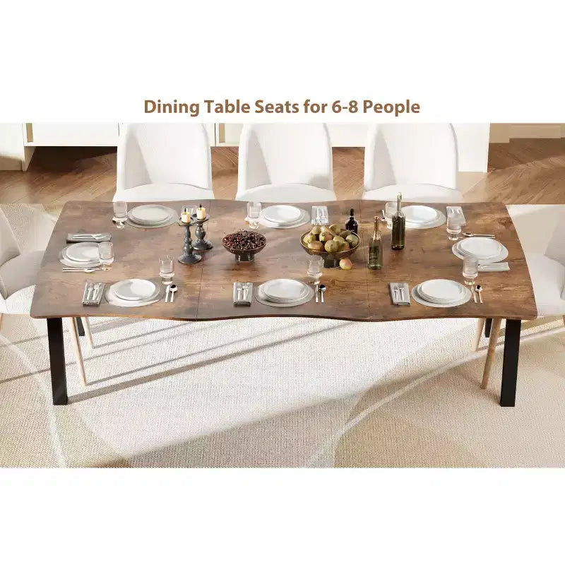 Table à manger 6-8 personnes, Table à bord irrégulier de style rustique vague avec plateau épais en MDF et cadre en métal, Imperméable et résistante aux rayures
