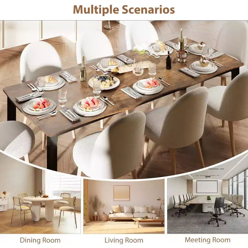 Table à manger 6-8 personnes, Table à bord irrégulier de style rustique vague avec plateau épais en MDF et cadre en métal, Imperméable et résistante aux rayures