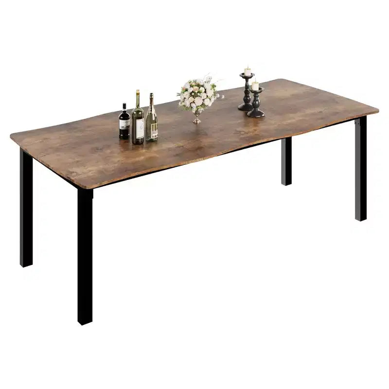 Table à manger 6-8 personnes, Table à bord irrégulier de style rustique vague avec plateau épais en MDF et cadre en métal, Imperméable et résistante aux rayures