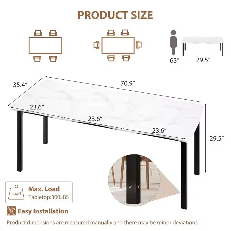 Table à manger 6-8 personnes, Table à bord irrégulier de style rustique vague avec plateau épais en MDF et cadre en métal, Imperméable et résistante aux rayures