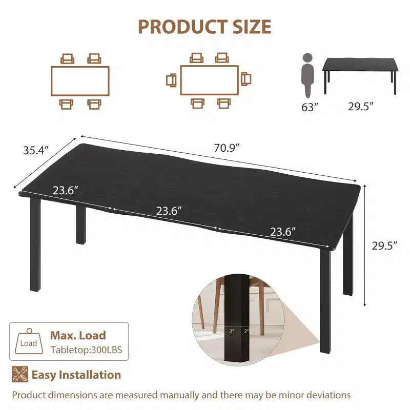 Table à manger 6-8 personnes, Table à bord irrégulier de style rustique vague avec plateau épais en MDF et cadre en métal, Imperméable et résistante aux rayures