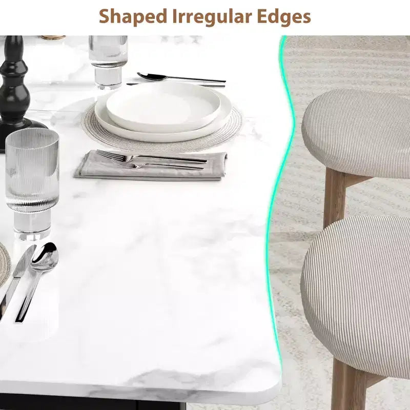 Table à manger 6-8 personnes, Table à bord irrégulier de style rustique vague avec plateau épais en MDF et cadre en métal, Imperméable et résistante aux rayures