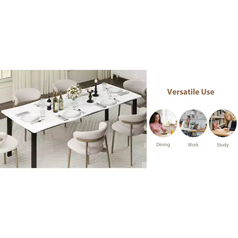 Table à manger 6-8 personnes, Table à bord irrégulier de style rustique vague avec plateau épais en MDF et cadre en métal, Imperméable et résistante aux rayures