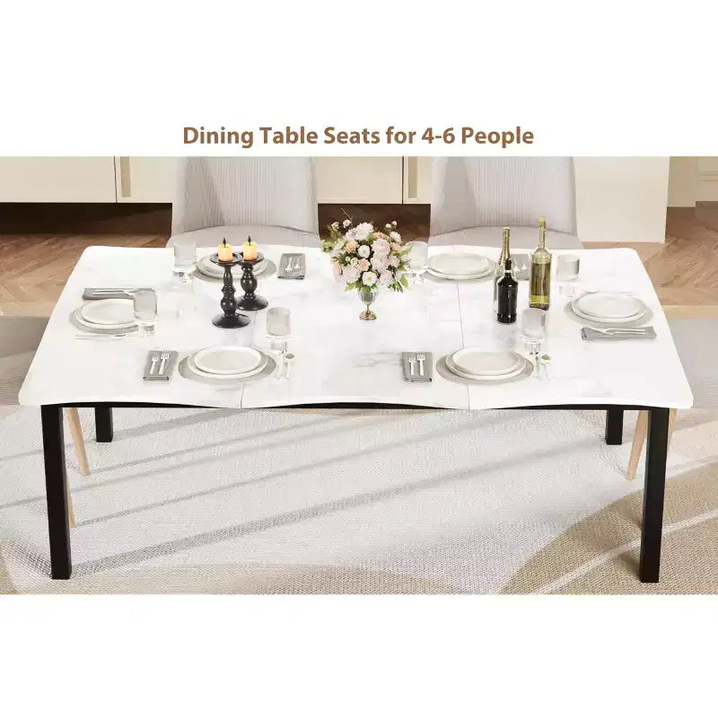 Table à manger 6-8 personnes, Table à bord irrégulier de style rustique vague avec plateau épais en MDF et cadre en métal, Imperméable et résistante aux rayures