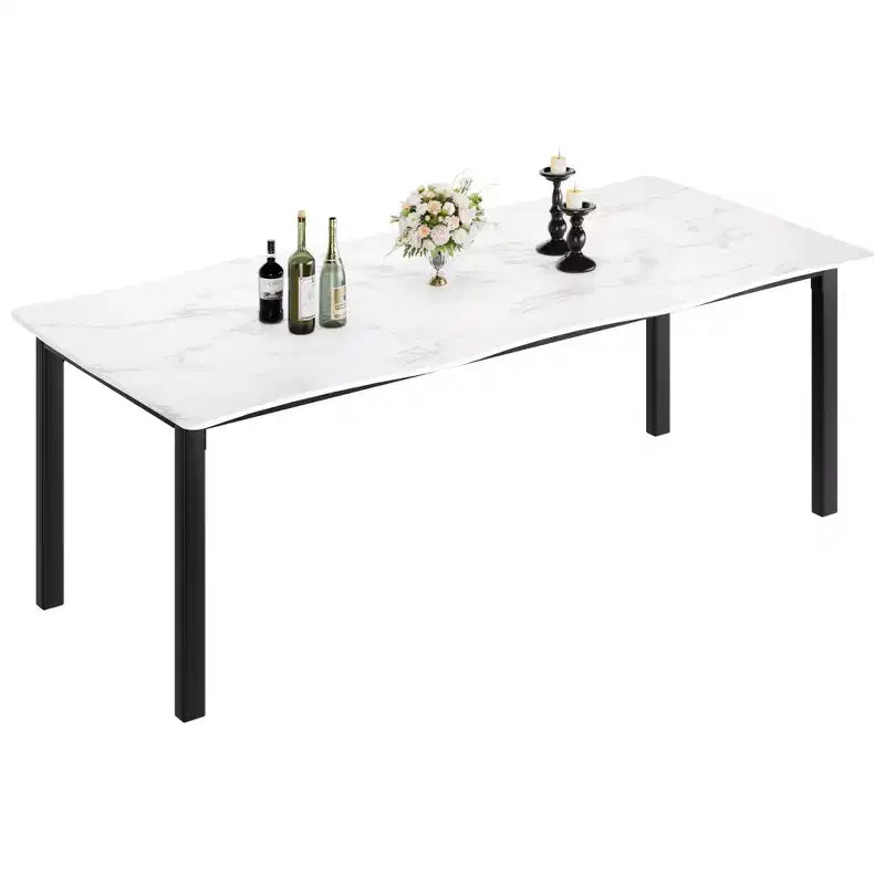 Table à manger 6-8 personnes, Table à bord irrégulier de style rustique vague avec plateau épais en MDF et cadre en métal, Imperméable et résistante aux rayures